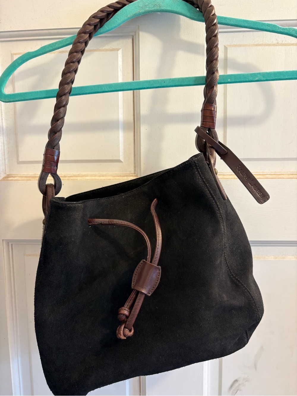 Ralph Lauren Black Suede Shoulder Bag with Brown Leather Braided Strap